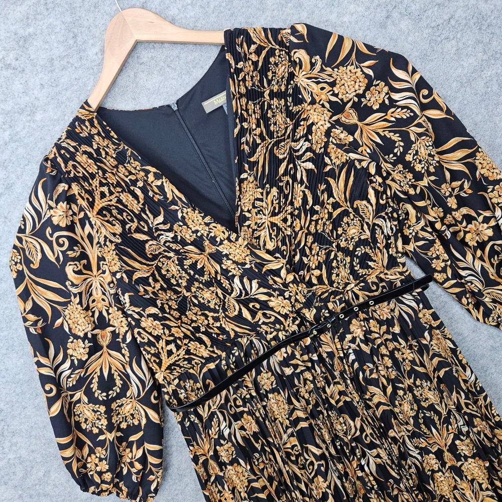NEW Melonie T Pleated Midi Dress Women's 14W Black Rust Cinnamon Floral Belted